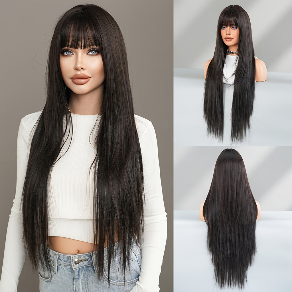 Long Straight Wig with Bangs High Layered