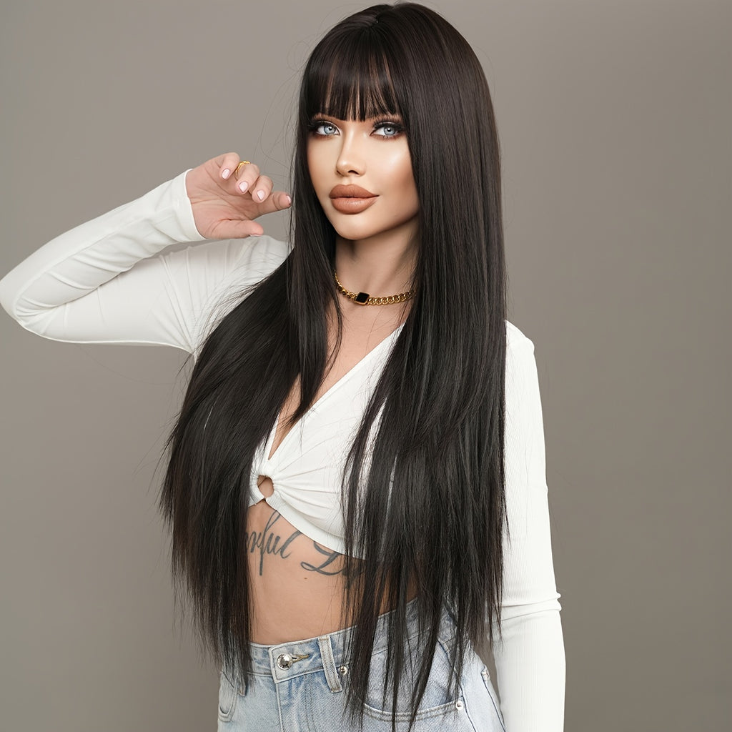 Long Straight Wig with Bangs High Layered