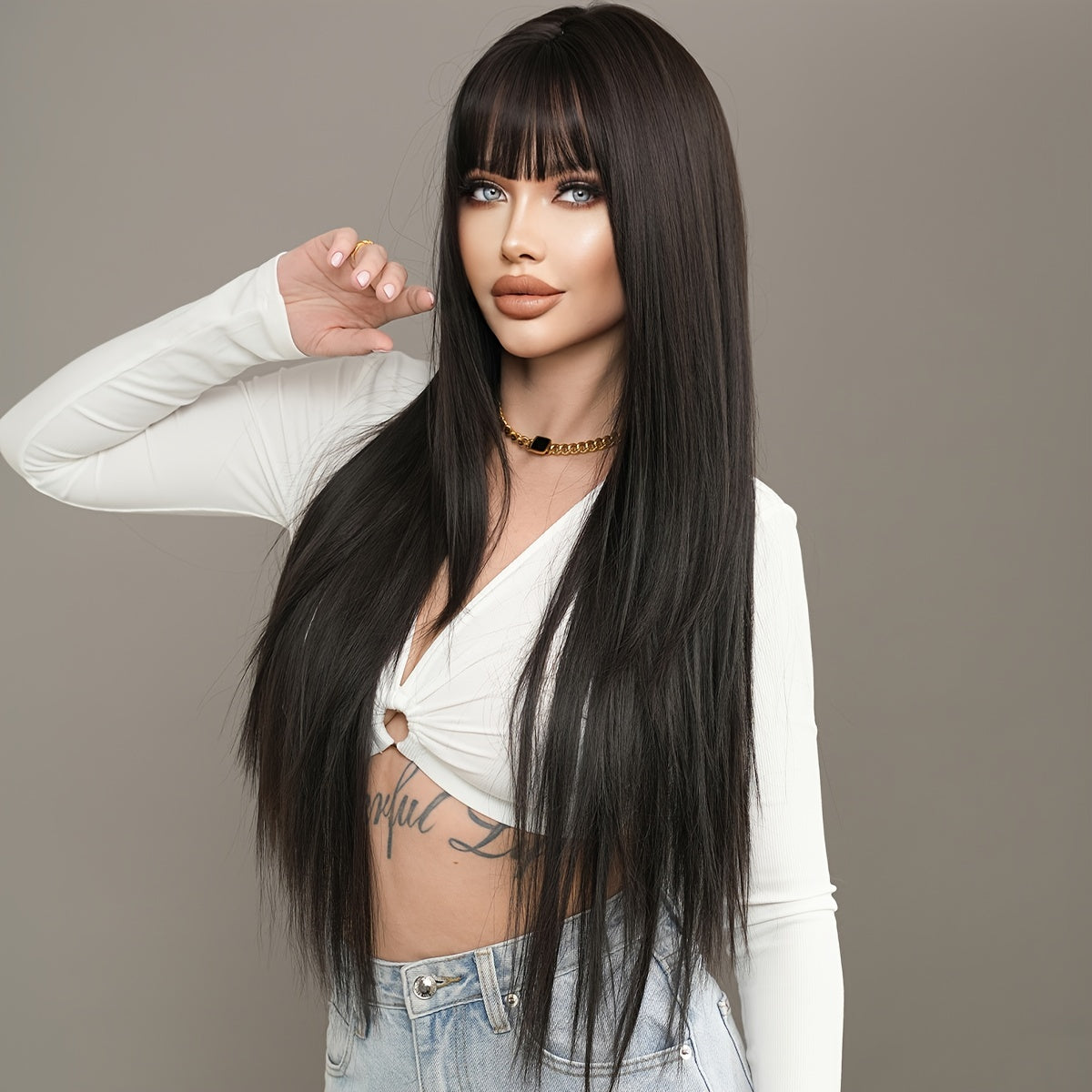 Long Straight Wig with Bangs High Layered